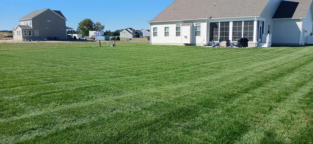 A wide striped lawn behind a white house with a sunroom