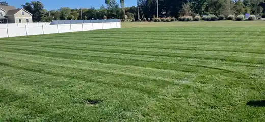 Wide striped lawn running beside a white vinyl fence