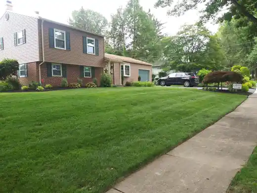 Striped front lawn along a sidewalk, brick colonial behind