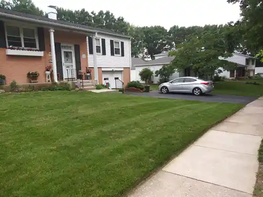 Striped lawn running along a driveway and front walk